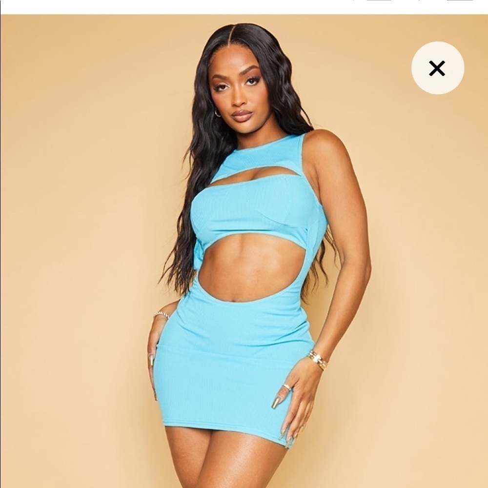 Shape Aqua Blue Rib Cup Detail Cut Out Front Bodycon Dress [Never Worn]​​​​​